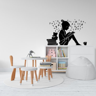 Fille, lecture, livre, bibliothèque, vinyle, art mural, décalcomanie murale, décalcomanie, salle de lecture, crèches, école, enfants