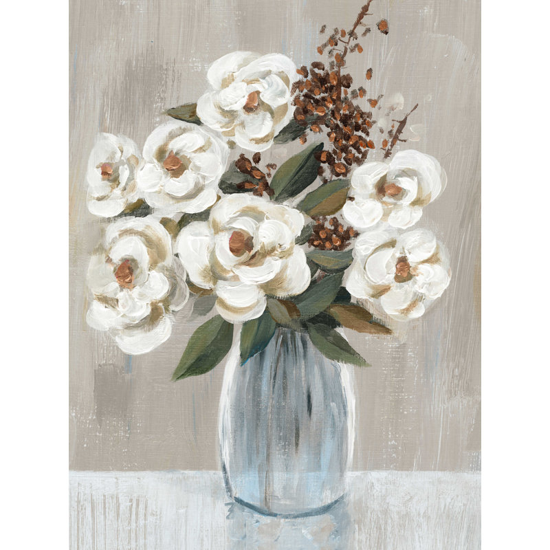 Fleurs blanches dans un vase en verre - reproduction sur toile tendue, H 16 po x l 12 po