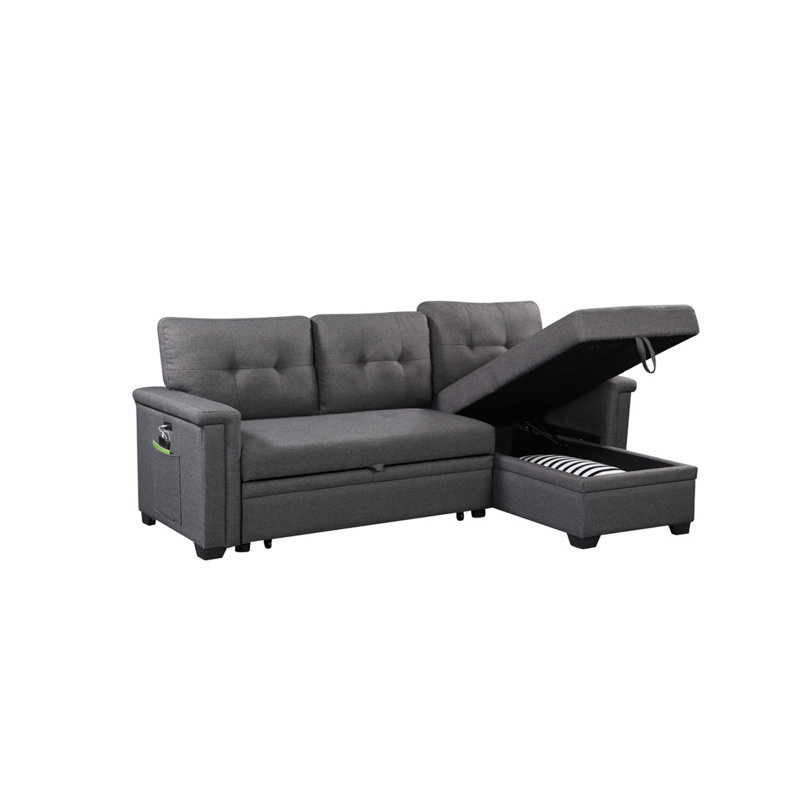 Nathan 84" Dark Gray Reversible Sleeper Sectional Sofa With Storage Chaise, Dark Gray Linen