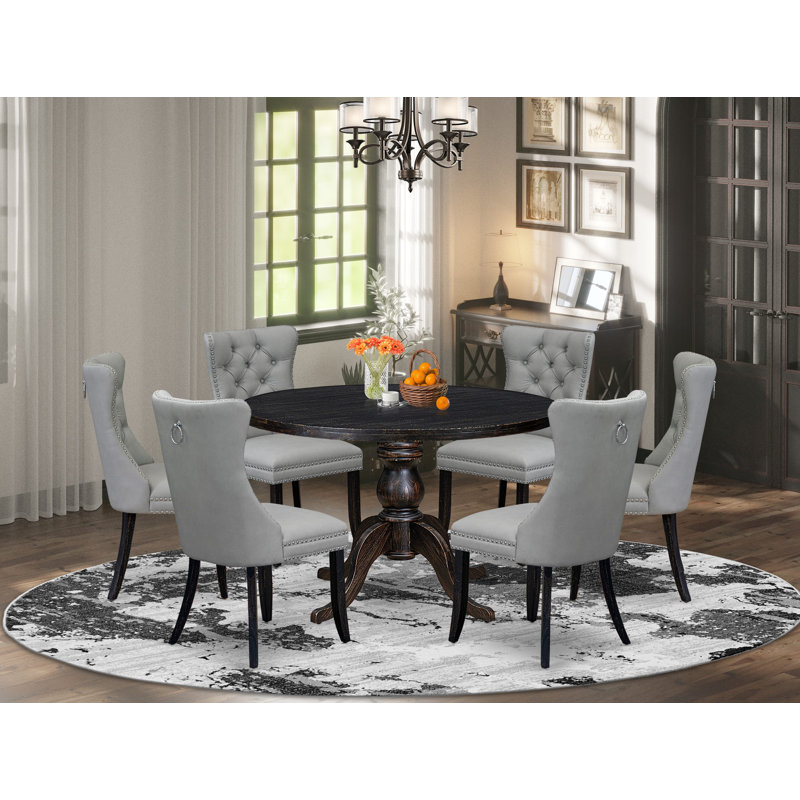 Ensemble de table de salle à manger 7 pièces composé d'une table ronde de 48 po avec piédestal et 6 chaises rembourrées gris clair, noir sablé