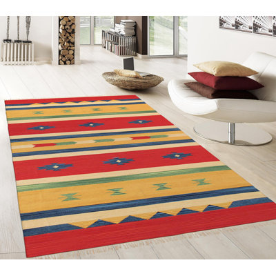 Tapis rouge / bleu / jaune en coton noué à la main Anatolian