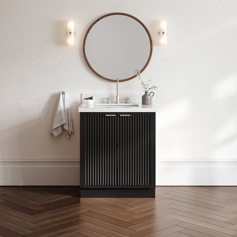 Meuble-lavabo simple 30 po en bois massif avec comptoir blanc en quartz 1,5 po et lavabo rectangulaire, Noir, Rectangulaire