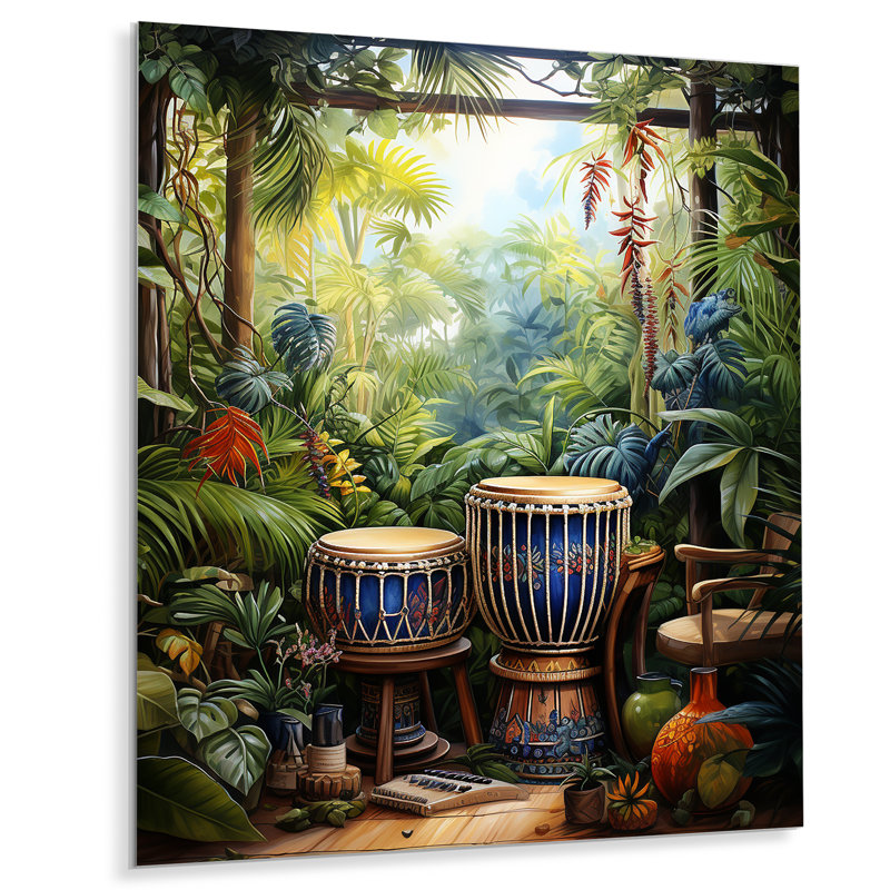 Percussion Drum Tamtam In Jungle 2 - musique, art mural en métal, H 20 po x l 12 po x P 1 po