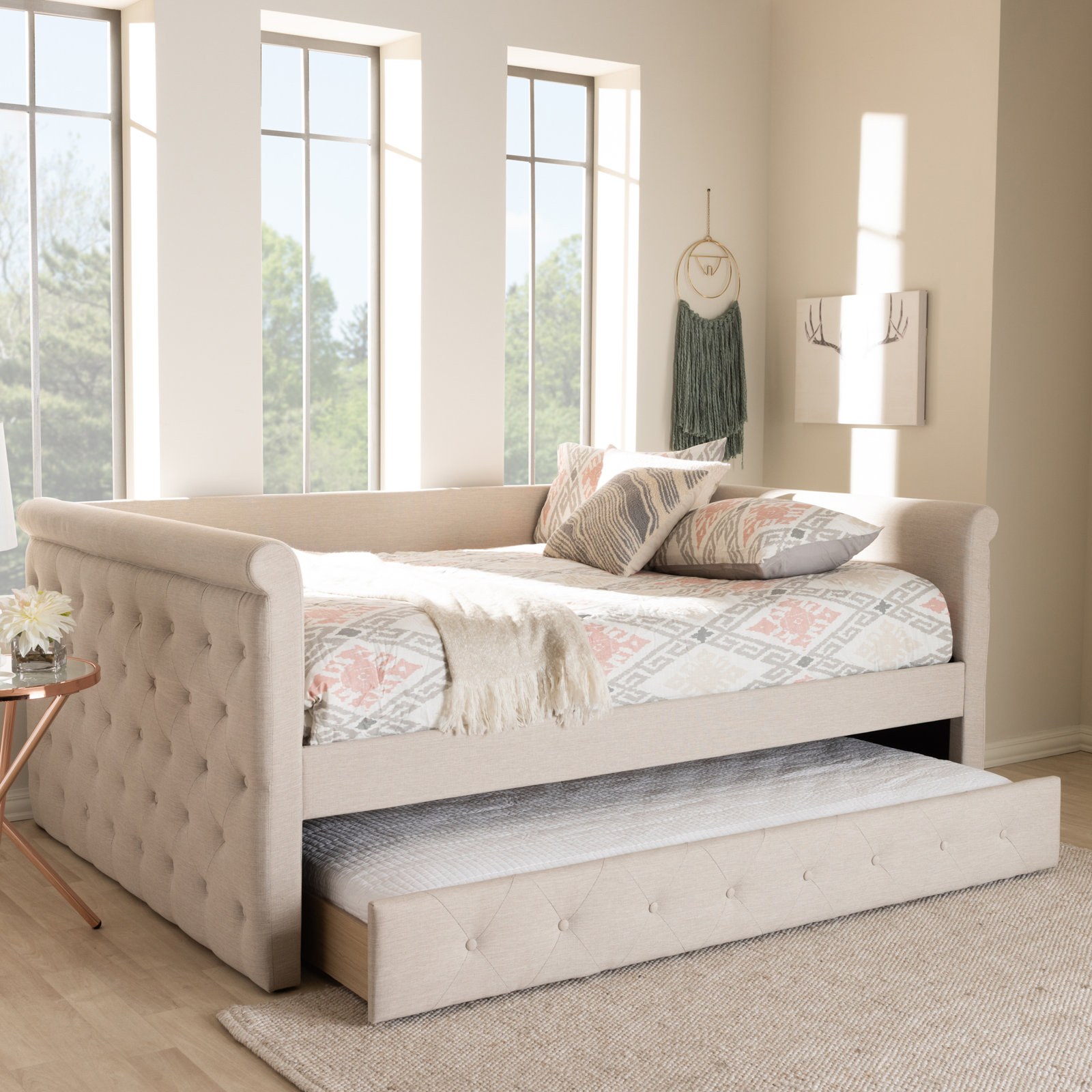 Samitha Upholstered Daybed with Trundle, Queen, Light Beige 