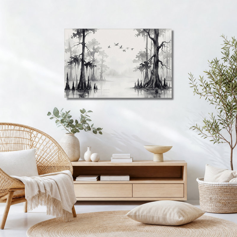 Tableau sur toile représentant des cyprès noirs et blancs et des oiseaux en vol, H 24 po x l 36 po