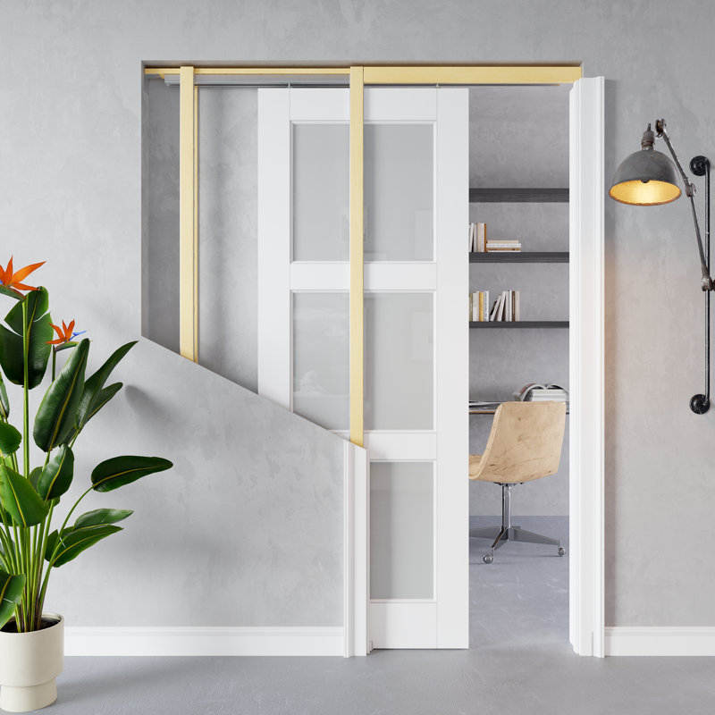 Porte coulissante à 3 compartiments en verre givré blanc apprêté avec trousse de quincaillerie, 32 po x 80 po
