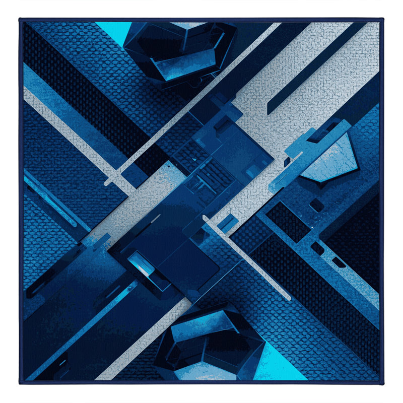 Machine Washable Wynsum Sleek & Chic Modern Geometric Shapes Rug in Blue – Navy Binding, 6' Square