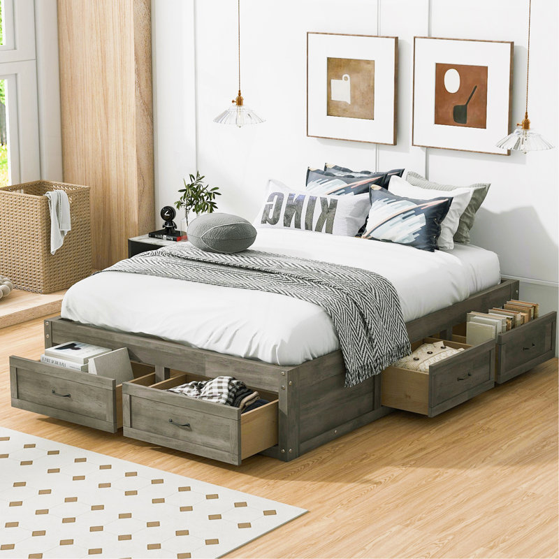 Lit plateforme avec 6 tiroirs de rangement, Grand lit, Gris antique