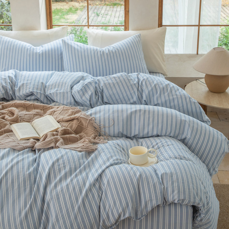 DONEUS Striped Duvet Cover Set 100% Washed Cotton Linen Like Soft Feelling Breathable Bedding, Cornflower Blue/White