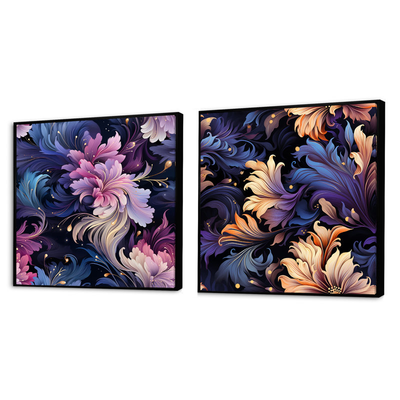 Nancy - Ensemble de 2 collages carrés botaniques abstraits, Cadre flottant noir, H 16 po x l 33 po