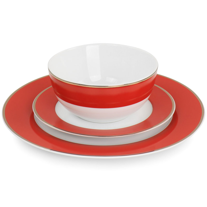 Red and Gold Rimmed 12-Piece Ceramic Dinnerware Set