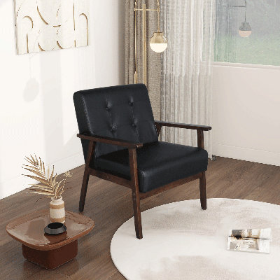 Mid-Century Retro Modern Accent Chair Wooden Arm Upholstered Tufted Back Lounge Chairs Seat Size 24.4" 18.3" (Deep) (Square Leg Black)