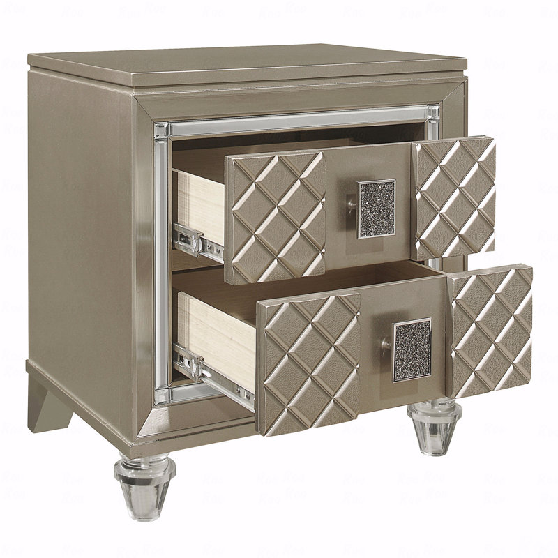 Glamour champagne finition chambre 1pc table de chevet 2 pieds en acrylique table de chevet table de luxe garniture de miroir biseauté