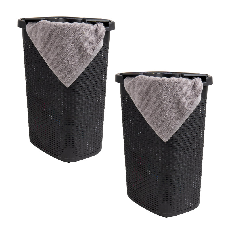  60L Slim Laundry Hamper, Clothes Basket, Lid, Wicker Style, Plastic, Black