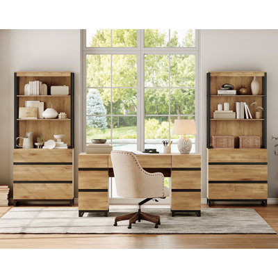 Home Office Furniture Set: 59In Modern Executive Desk With Charging Station & Drawers And 2 PCS 72In Tall Bookcases With 6 Drawers, Home Office Furniture For Living Room, Bedroom, Oak