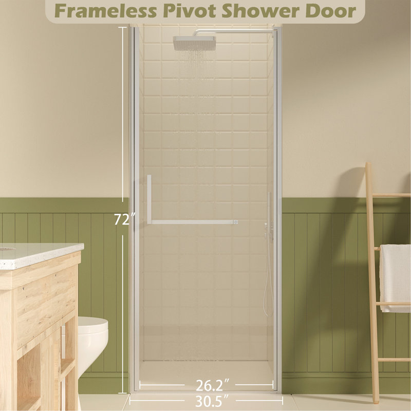 29-30" W ×72" H Frameless Pivot Shower Door, Pivot Swing Shower Glass Doors with 1/4"(6mm) SGCC Clear Tempered Glass,Explosion-Proof Film, Reversible Installation, Brushed Nickel