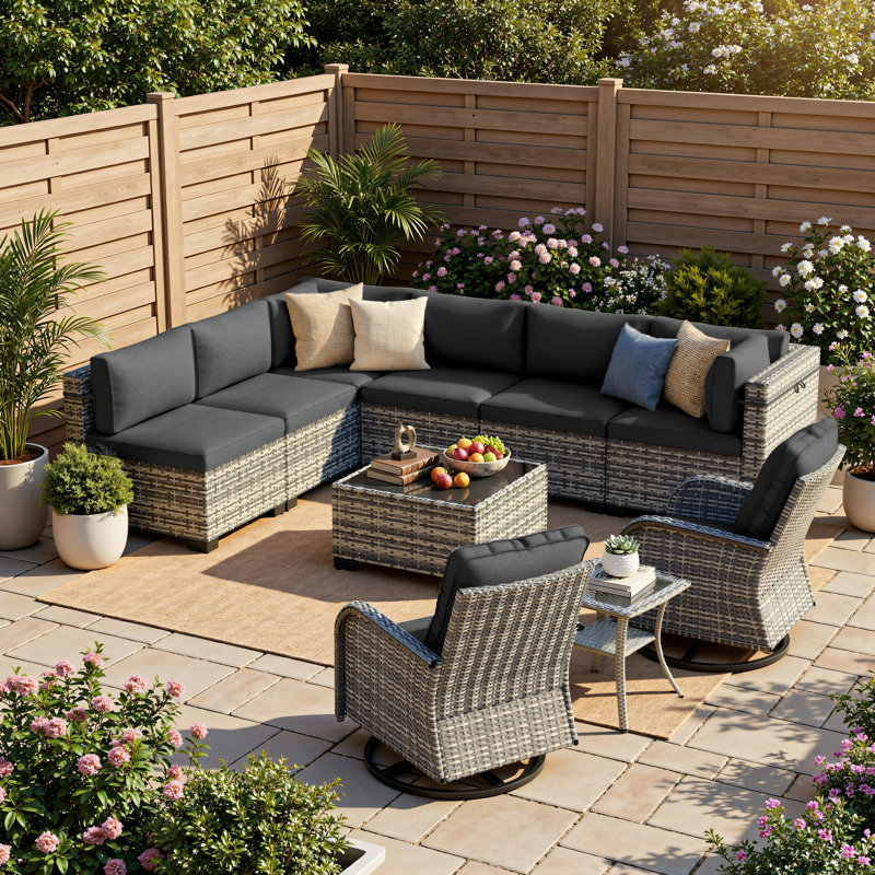 10-Piece Outdoor Wicker Sectional Seating Group With Swivel Rocking Chairs, Coffee Table & Side Table, All-Weather Patio Conversation Set