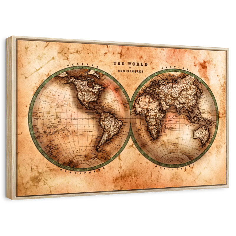 Hémisphères rustiques Reidy, 40 po x 27 po, Cadre flottant en bois naturel