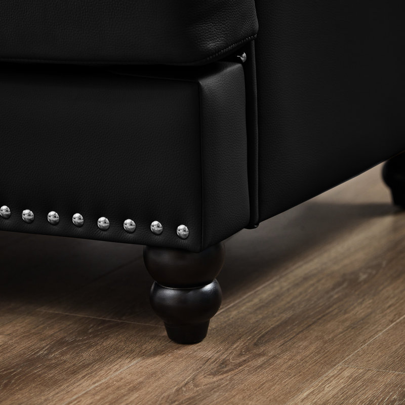 Cuir de vache noir classique de 59,5 po, accoudoirs ronds cloutés, structure et support de pieds en bois massif, siège en mousse à ressorts, housse amovible, cuir de vache moderne avec rangement, clous argentés sur pieds en caoutchouc