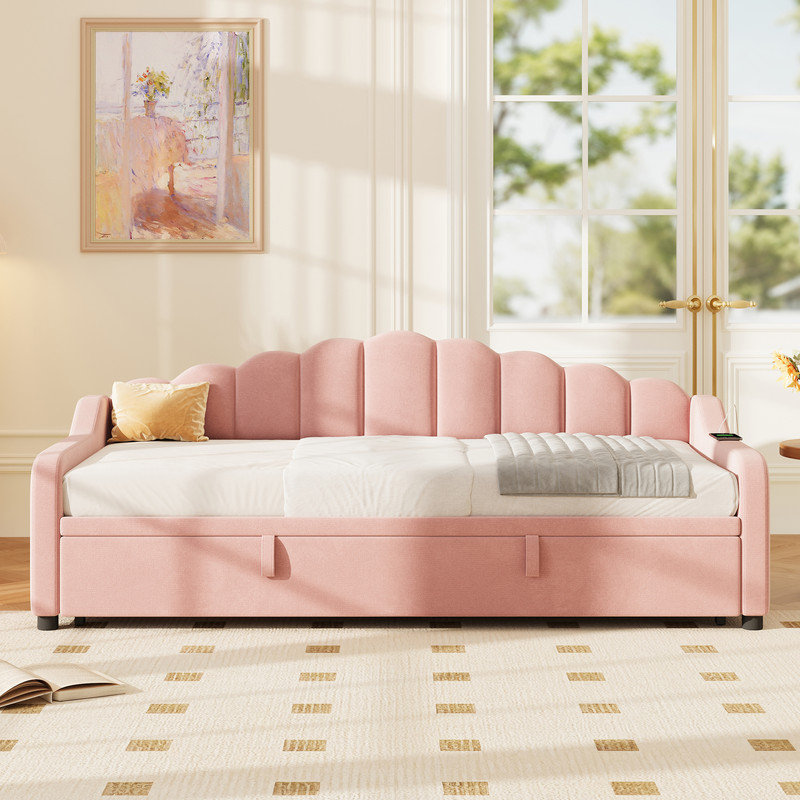 Beige/Pink Velvet Daybed with Pull-out Trundle & Charging Station