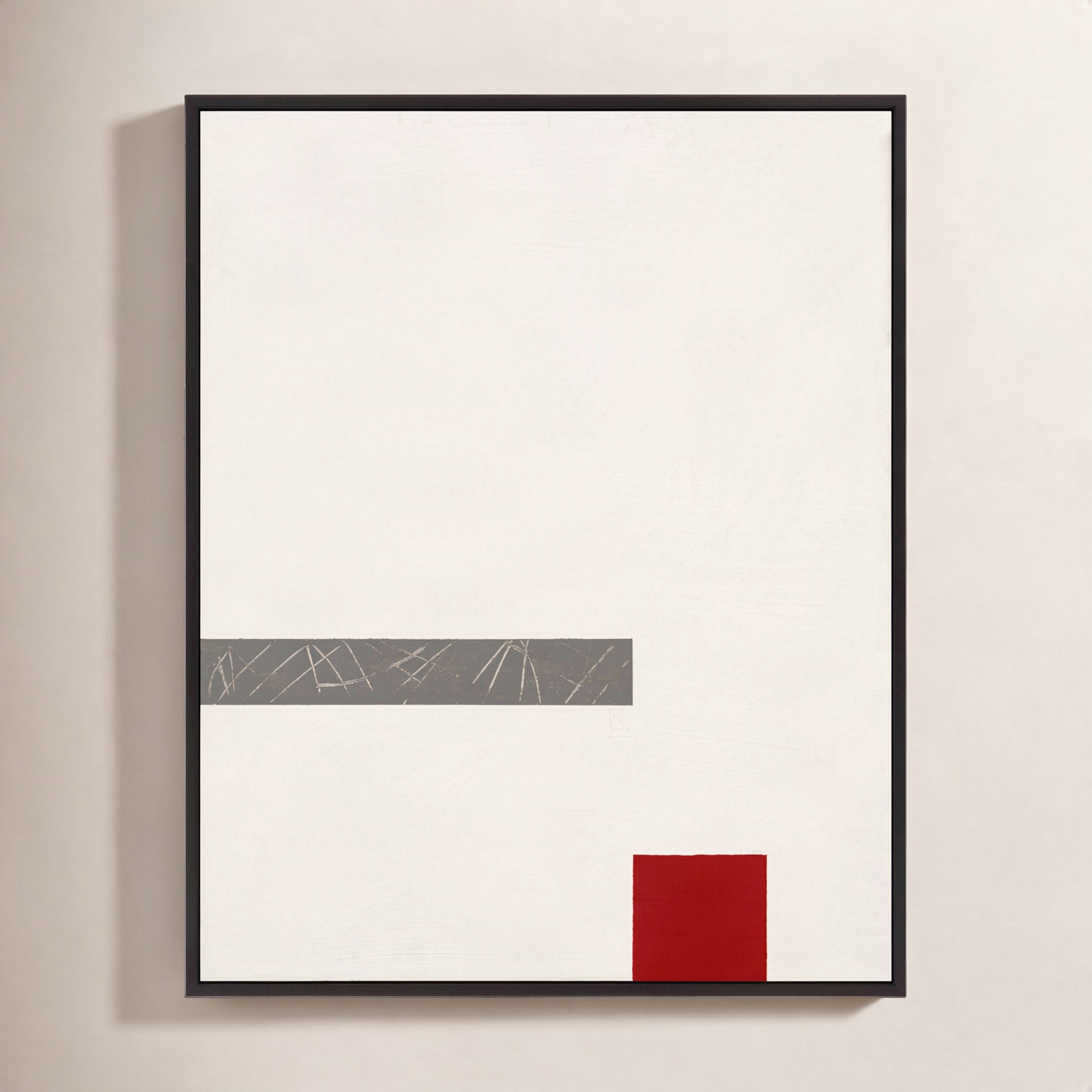Tempo With Red 3 by Robert Kamnatnik, 30" H x 24" W x 1.38" D, Black Framed Canvas