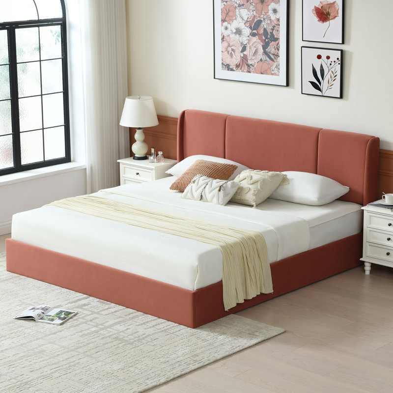 Juanetta Hydraulic Lift Up Storage Wingback Upholstered Platform Bed, King, Terracotta