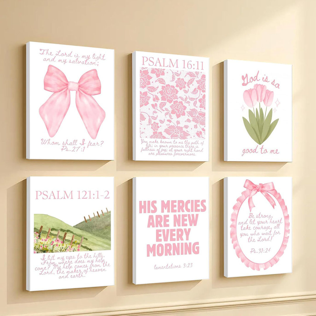 6Pcs Framed Trendy Pink Christian Canvas Wall Art Bible Verses Preppy Posters Coquette Pink Bow Biblical Painting Pictures Religious Scripture Prints