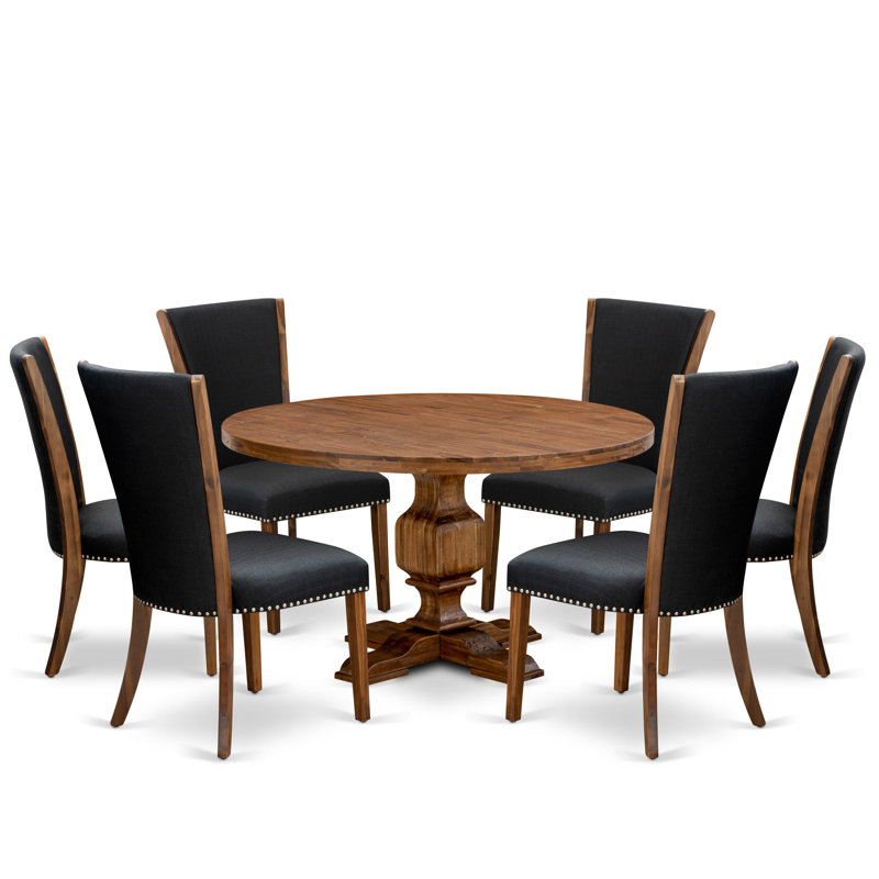 7 Piece Dining Table Set for 6 Includes a 54" Round Table with Pedestal and 6 Black Linen Fabric Parson Chairs, Antique Walnut
