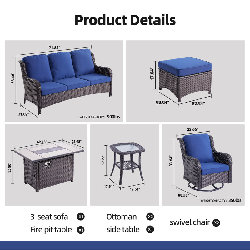 7 - Person Patio Furniture Set with Swivel Rocker, Outdoor Wicker Rattan Seating Group with Cushions, All Weather Sofa Conversation Set with Fire Pit Table for Garden Backyard