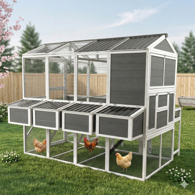 Poultry House with Attached Run, Outdoor Enclosure Suitable for 10 Chickens, Equipped with Nesting Compartments and Slide-Out Trays, Timber Walk-In Construction for Garden and Backyard Use (95'' x 80'' x 83'')
