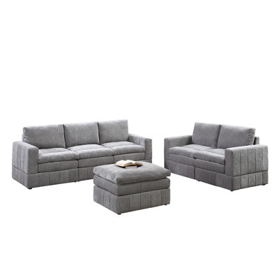 Contemporary Sectional - 6Pc Granite Color Suede 6 Seat Modular Graphite