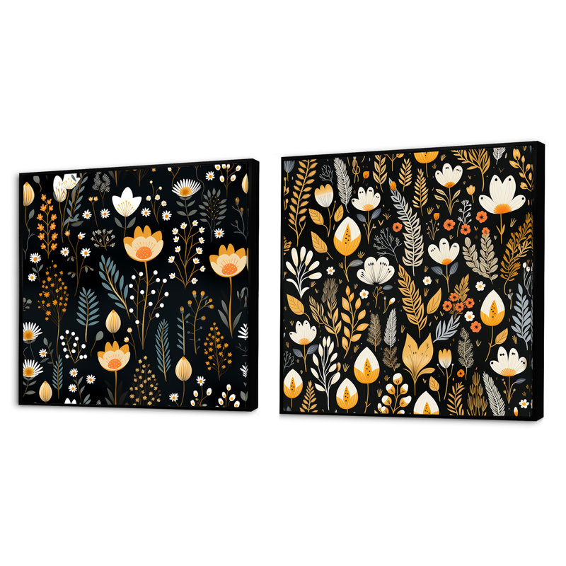 Hartline - Ensemble de 2 collages carrés botaniques abstraits, Cadre flottant noir, H 16 po x l 33 po