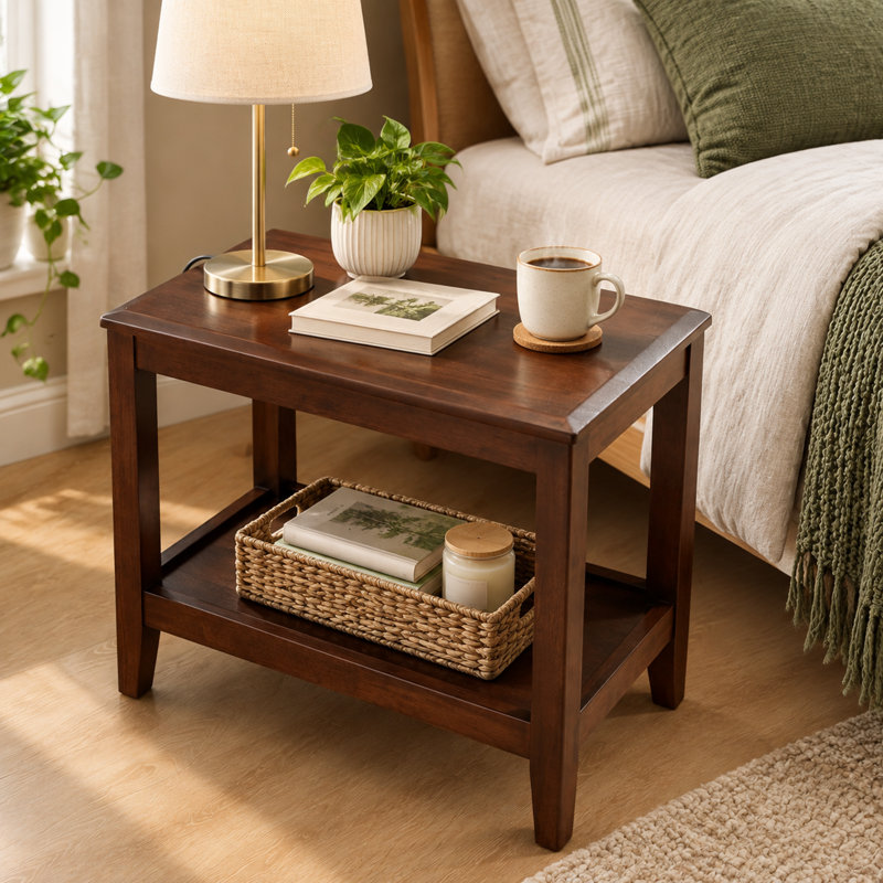 Table d'appoint en bois massif avec tablette de rangement, petite table d'appoint rectangulaire à 2 niveaux pour salon, chambre