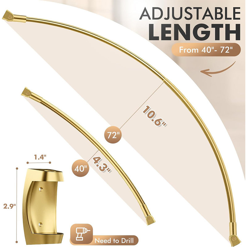 Tringle de douche incurvée Premium Gold - tringle réglable en aluminium robuste de 40 à 72 pouces - Conception de pièce supplémentaire avec supports muraux rotatifs