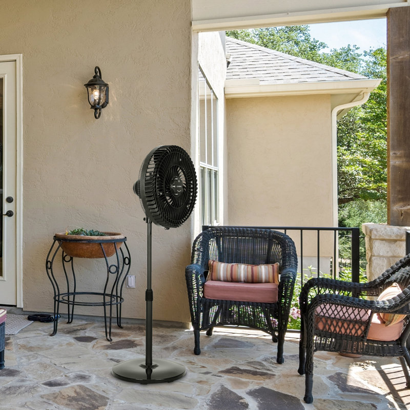 16 in. Outdoor Misting Stand Fan, Black, 3 Speed Options with Adjustable Height, GFCI Plug, Oscillating, Standing Base, 75° Wide Angle Oscillation,  Adjustable Head Tilt