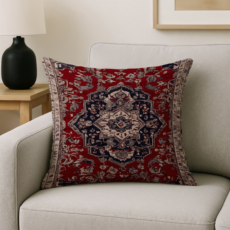 Coussin décoratif intérieur et extérieur Modern, Carré 16 po, Bourgogne / marine / crème damassé