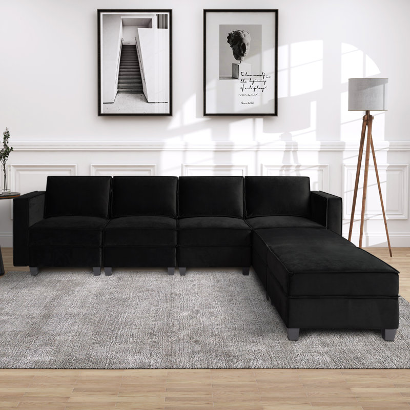 Canapé modulaire et méridienne Emmaliese, Velours noir