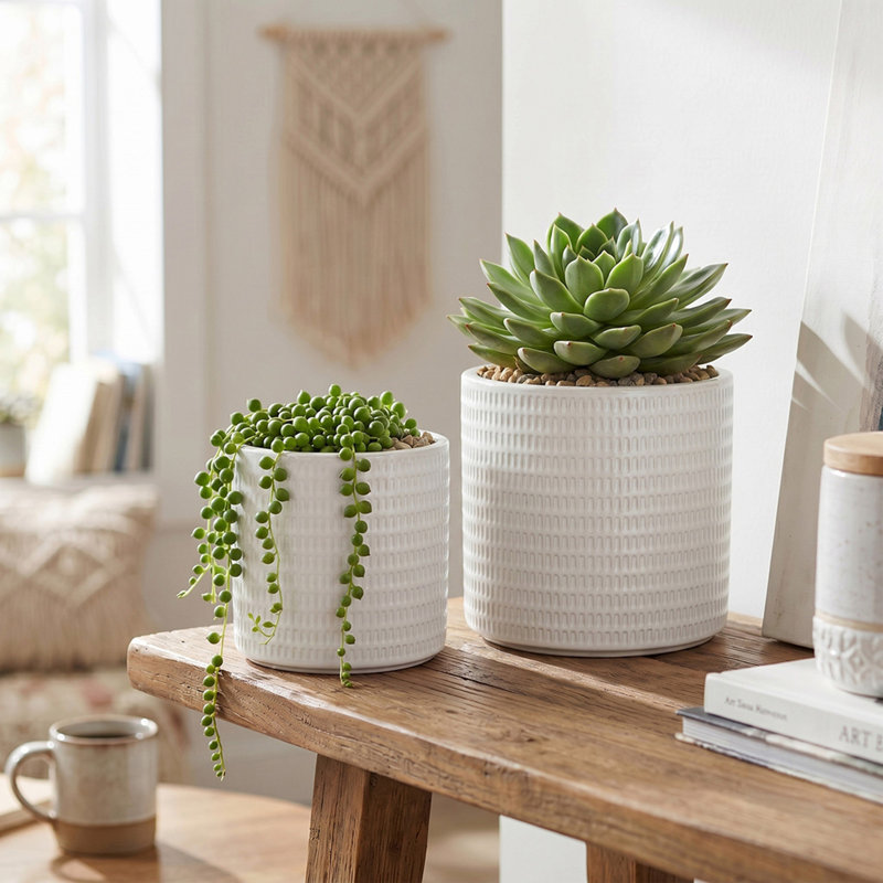 S/2 Textured White Ceramic Planters