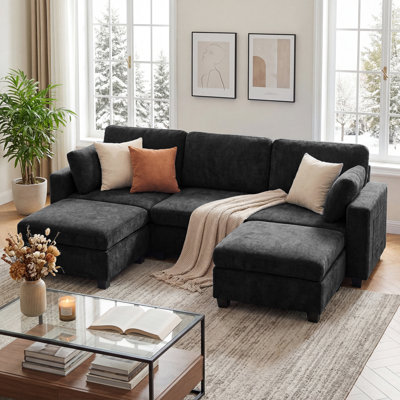 Canapé modulaire moderne en U réversible de 106 po de largeur avec 2 repose-pieds, port de charge, coussins d'accoudoir, poches latérales