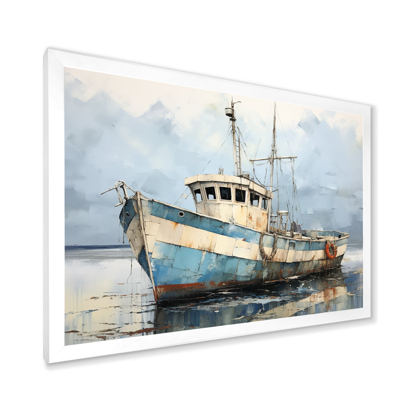 Bateau de pêche bleu et blanc - bateau côtier, art mural, Cadre photo blanc, H 12 po x l 20 po x P 1 po