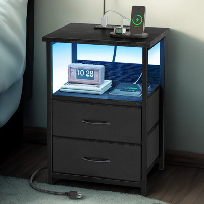 Smart LED Nightstand With Charging Station, App-Controlled RGB Lights, 2 Fabric Storage Drawers, AC Outlets And USB Ports, Sturdy Bedside Table