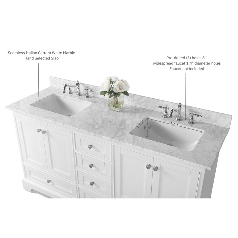 Audrey 66'' W Double Vanity, White| Brushed Nickel, Carrara White