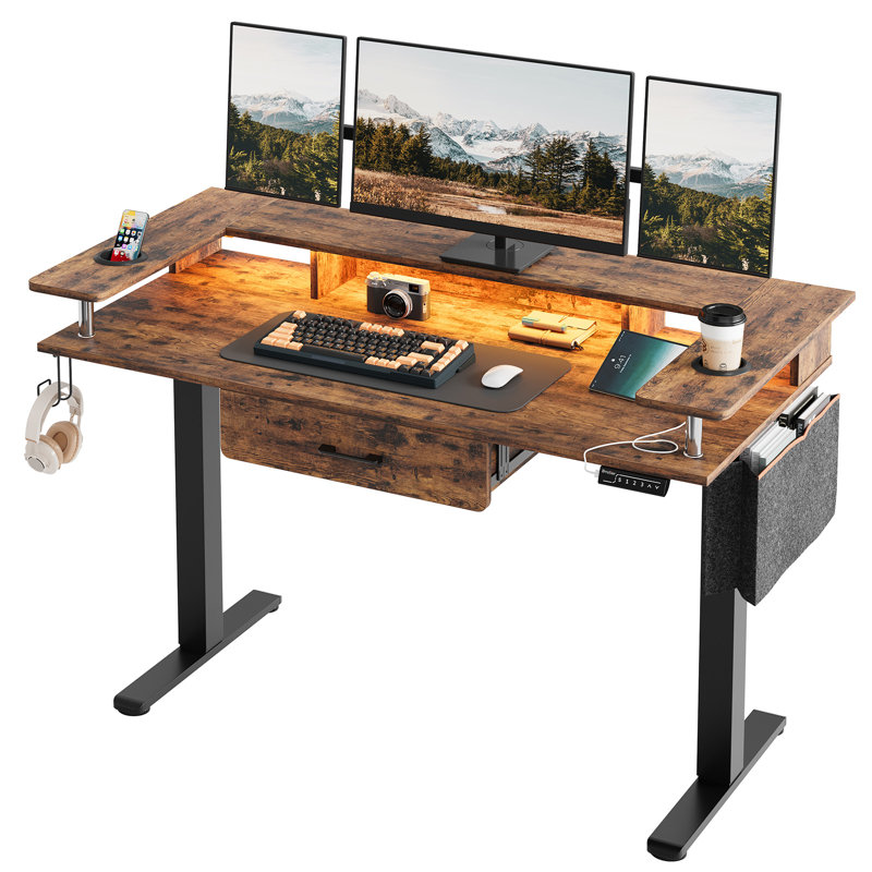 58 po Bureau rectangulaire assis en bois avec support pour moniteur et tiroir, Brun rustique