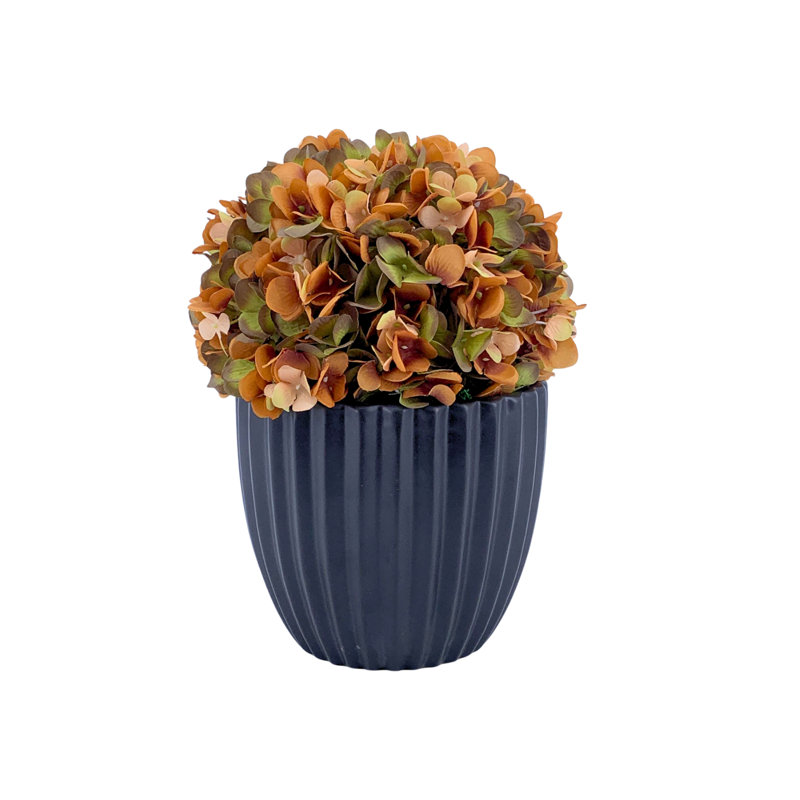 Faux Hydrangea Arrangement in Black Ceramic, Black, Orange