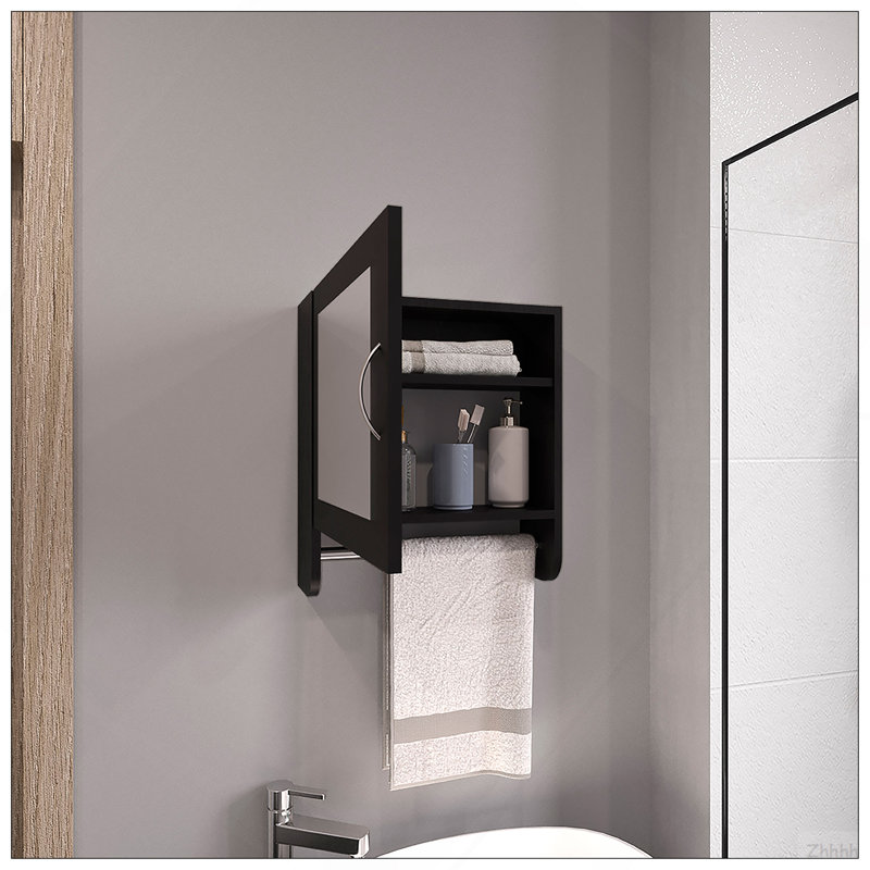 BOTIQ 19.7" H X 17.7" W Mirror Medicine Cabinet With Towel Rack White, One Door With Two Interior Shelves For Bathroom, Kitchen Black