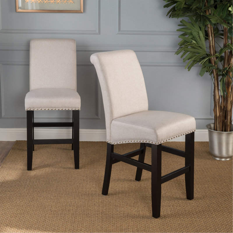 Tabouret de comptoir rembourré 25 po avec garniture cloutée de 25 po (ensemble de 2), blé / noir mat, tissu