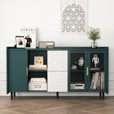 Armoire de bar 55 po, avec 2 tiroirs et portes en verre, armoire de rangement pour salon moderne, armoire de rangement pour cuisine Buffet