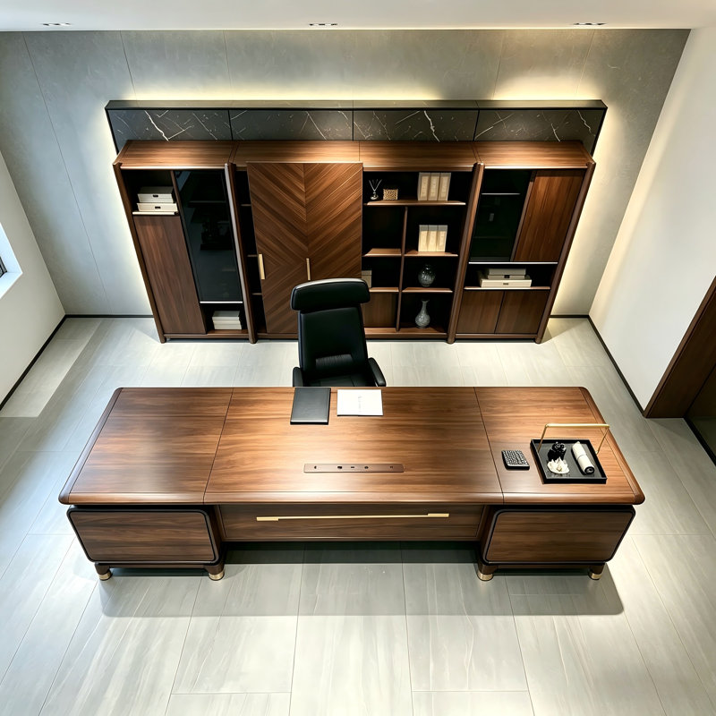Bureau de direction moderne en bois massif brun minimaliste, 29.53" H x 86.61" W x 35.43" D