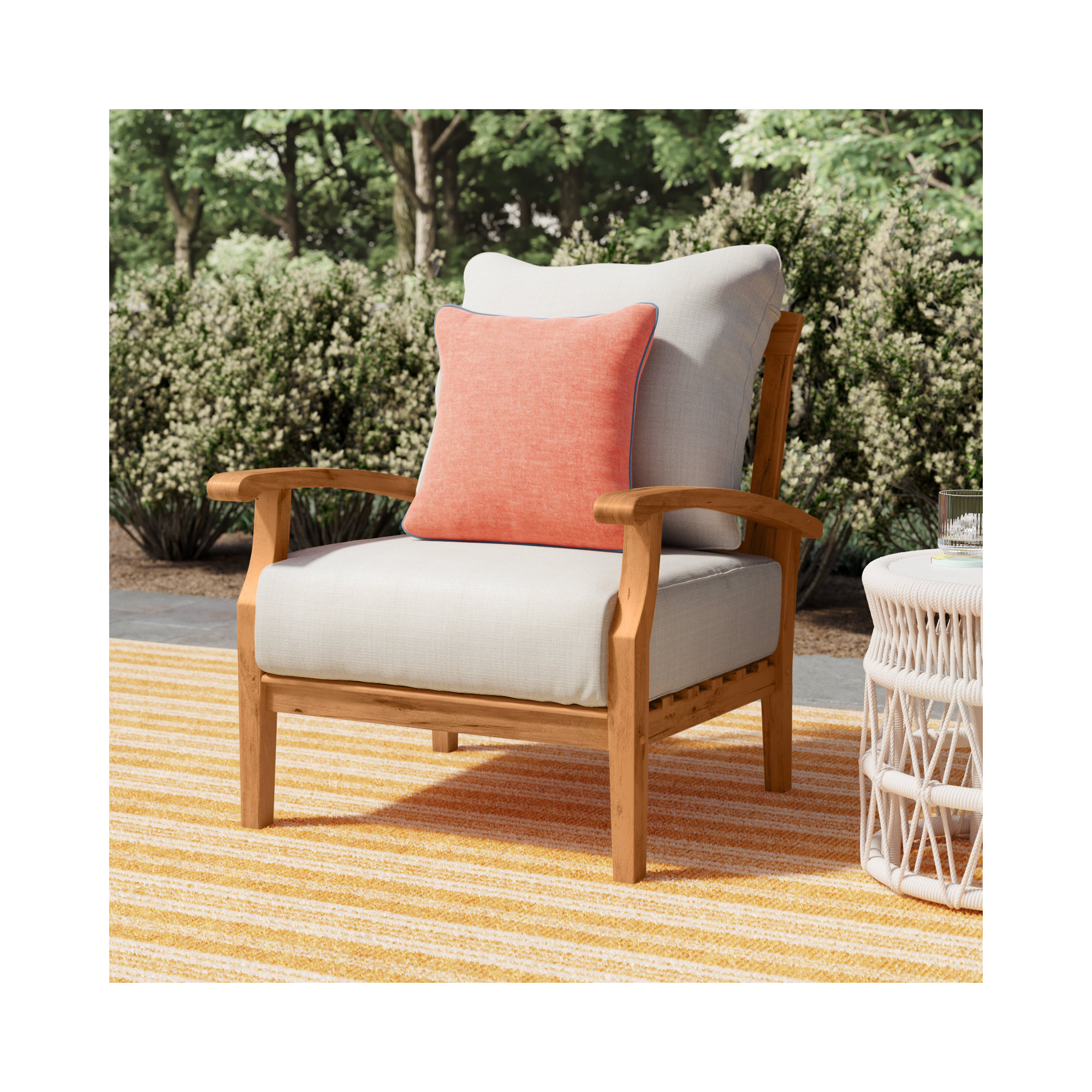 Summerton Teak Patio Chair with Cushions, Brown Frame/Beige Cushion