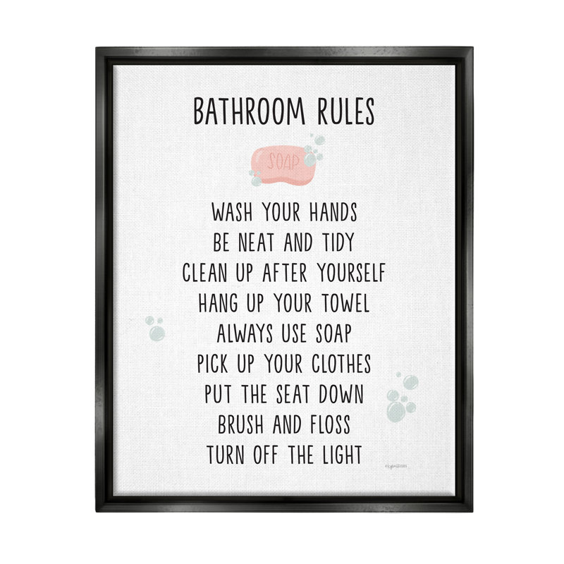 «Bathroom Rules List Soap Bubbles» par Kyra Brown, impression, Cadre flottant noir de jais, H 21 po x l 17 po x P 1,7 po